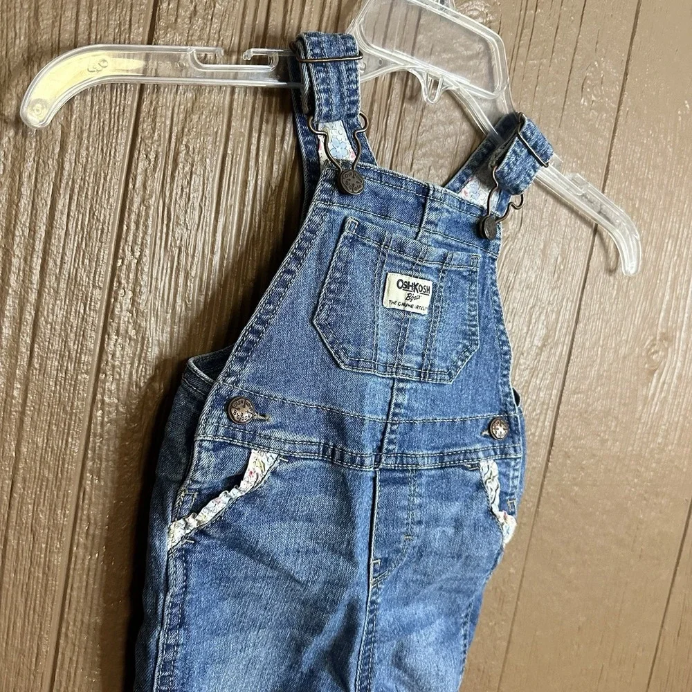 OshKosh B'gosh Denim Bib Overall Girls 12M Blue With Floral Leg Cuffs And Trim